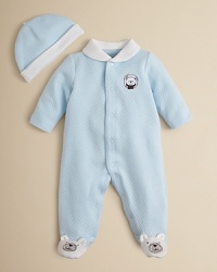 Burly bear embroidery decorates a soft cotton footie and hat set from Little Me. Burly bear embroidery decorates a soft cotton footie and hat set from Little Me.
