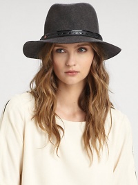 Soft and warm, this well crafted wool style offers a luxurious leather band for added interest. WoolLeatherBrim, about 2Made in Italy of imported fabrics Soft and warm, this well crafted wool style offers a luxurious leather band for added interest. WoolLeatherBrim, about 2Made in Italy of imported fabrics