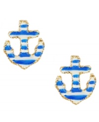 Ships ahoy! Betsey Johnson's petite anchor studs feature a blue and white enamel stripe set in antique gold-plated mixed metal. Approximate diameter: 1/2 inch. Ships ahoy! Betsey Johnson's petite anchor studs feature a blue and white enamel stripe set in antique gold-plated mixed metal. Approximate diameter: 1/2 inch.