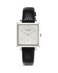 Get in a kate spade new york state of mind with this square-faced watch. Crafted of stainless steel and accented by a chic black leather strap, it's always fashionably on time. Get in a kate spade new york state of mind with this square-faced watch. Crafted of stainless steel and accented by a chic black leather strap, it's always fashionably on time.