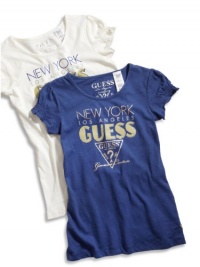 GUESS Kids Girls Big Girl Puff-Sleeve Logo Tee, BLUE (7/8) GUESS Kids Girls Big Girl Puff-Sleeve Logo Tee, BLUE (7/8)