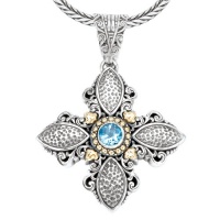 925 Silver & Blue Topaz Puffy Celtic Cross Pendant with 18k Gold Accents 925 Silver & Blue Topaz Puffy Celtic Cross Pendant with 18k Gold Accents
