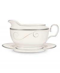 Fluid platinum scrolls glide freely throughout this beautiful fine china gravy boat from Noritake. Easy to match with any decor, the fresh and elegant Platinum Wave collection of dinnerware and dishes is a timeless look for fine dining or luxurious everyday meals. Fluid platinum scrolls glide freely throughout this beautiful fine china gravy boat from Noritake. Easy to match with any decor, the fresh and elegant Platinum Wave collection of dinnerware and dishes is a timeless look for fine dining or luxurious everyday meals.