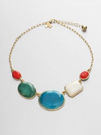 A colorful design featuring faceted stones in various shapes and sizes on a 12k goldplated link chain. Resin stones12k goldplated brassLength, about 18Lobster clasp closureImported A colorful design featuring faceted stones in various shapes and sizes on a 12k goldplated link chain. Resin stones12k goldplated brassLength, about 18Lobster clasp closureImported