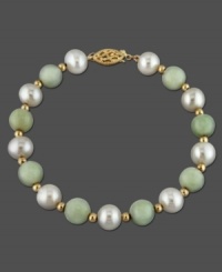 Two timeless wonders combine with grace in this 14k gold bracelet, featuring jade (8 mm) beads and cultured freshwater pearls (8 - 8-1/2 mm). Approximate length: 7-1/2 inches. Two timeless wonders combine with grace in this 14k gold bracelet, featuring jade (8 mm) beads and cultured freshwater pearls (8 - 8-1/2 mm). Approximate length: 7-1/2 inches.