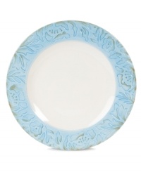 Sculpted blooms and a classic silhouette make the Toulouse dinner plates by Fitz and Floyd a charming part of any casual landscape. A rustic sky-blue glaze adds to its antique appeal. Sculpted blooms and a classic silhouette make the Toulouse dinner plates by Fitz and Floyd a charming part of any casual landscape. A rustic sky-blue glaze adds to its antique appeal.