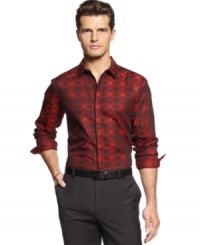 A mesmerizing geometric pattern on a slim-fitted silhouette. This button-front shirt by INC International Concepts will add a sleek, bold statement to your workday wardrobe. A mesmerizing geometric pattern on a slim-fitted silhouette. This button-front shirt by INC International Concepts will add a sleek, bold statement to your workday wardrobe.