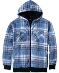 Great as a light jacket, this plaid hoodie from Univibe has sherpa lining to keep you extra toasty. Great as a light jacket, this plaid hoodie from Univibe has sherpa lining to keep you extra toasty.