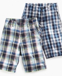 Playful in plaid. Get him ready for the day in these stylish and comfortable flat-front shorts from Nautica. Playful in plaid. Get him ready for the day in these stylish and comfortable flat-front shorts from Nautica.
