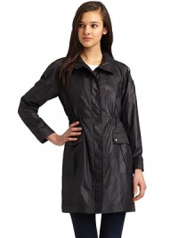 THE LOOKFunnelneckConcealed front zip and snap closureLong sleevesSnap epaulettesElastic waist Front snap flap pockets Back topstitching THE FITAbout 34 from shoulder to hemTHE MATERIAL88% polyester/12% rayonCARE & ORIGINDry cleanImportedModel shown is 5'10 (177cm) wearing US size 4. THE LOOKFunnelneckConcealed front zip and snap closureLong sleevesSnap epaulettesElastic waist Front snap flap pockets Back topstitching THE FITAbout 34 from shoulder to hemTHE MATERIAL88% polyester/12% rayonCARE & ORIGINDry cleanImportedModel shown is 5'10 (177cm) wearing US size 4.