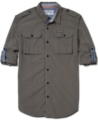 Rev up your weekend wear with this stylishly striped shirt with rollable sleeves from DKNY Jeans. Rev up your weekend wear with this stylishly striped shirt with rollable sleeves from DKNY Jeans.