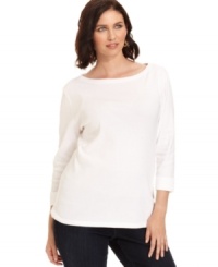 Stock up on casual basics with Karen Scott's plus size three-quarter-sleeve plus size top-- grab one in every color! Stock up on casual basics with Karen Scott's plus size three-quarter-sleeve plus size top-- grab one in every color!