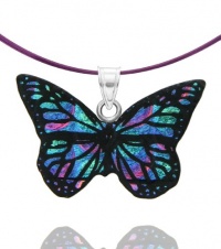 Sterling Silver Dichroic Glass Green and Purple Butterfly Pendant Necklace on Stainless Steel Wire, 18 Sterling Silver Dichroic Glass Green and Purple Butterfly Pendant Necklace on Stainless Steel Wire, 18