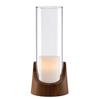 Bring an ambient glow to gatherings indoor or out with this distinctively modern hurricane from Dansk. In an elegant pairing of raw materials and minimalist design, a richly grained wood base supports a slim cylinder formed of sparkling clear glass.