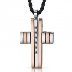 Futuristic Faith: Stainless Steel and Rose Gold Unisex Modern Cross Pendant Necklace with Black Cubic Zirconia