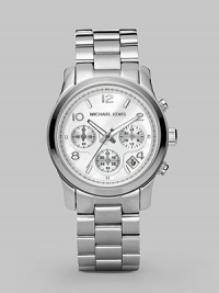 A sleek chronograph design in polished stainless steel with iridescent mother of pearl center dial.Analog movement Water resistant to 10 ATM Smooth bezel Round stainless steel case, 38mm, (1.49) White chronograph dial with MOP center Date display between 4 and 5 o'clock Index and Arabic numeral hour markers Second hand Stainless steel link bracelet Imported A sleek chronograph design in polished stainless steel with iridescent mother of pearl center dial.Analog movement Water resistant to 10 ATM Smooth bezel Round stainless steel case, 38mm, (1.49) White chronograph dial with MOP center Date display between 4 and 5 o'clock Index and Arabic numeral hour markers Second hand Stainless steel link bracelet Imported