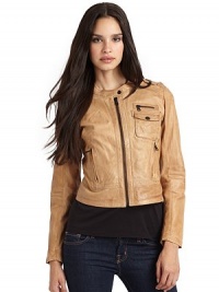 THE LOOKBanded neckline with snap tabShoulder epaulettesFront zipperThree front zip pocketsSnap flap pocketLong sleeves with zip cuffsTHE FITAbout 19 from shoulder to hemTHE MATERIALLambskinFully linedCARE & ORIGINDry clean by a leather specialistImportedModel shown is 5'10 (177cm) wearing US size Small. THE LOOKBanded neckline with snap tabShoulder epaulettesFront zipperThree front zip pocketsSnap flap pocketLong sleeves with zip cuffsTHE FITAbout 19 from shoulder to hemTHE MATERIALLambskinFully linedCARE & ORIGINDry clean by a leather specialistImportedModel shown is 5'10 (177cm) wearing US size Small.