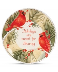 A cookie platter that's extra sweet, this Fitz and Floyd serveware is embossed with cardinals and holly and teaches a lesson, too: holidays are meant for sharing. A cookie platter that's extra sweet, this Fitz and Floyd serveware is embossed with cardinals and holly and teaches a lesson, too: holidays are meant for sharing.