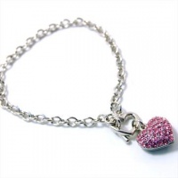 Designer Inspired Small Pink Crystal Puff Heart Charm Toggle Bracelet - Silver Tone Rhodium Plated Designer Inspired Small Pink Crystal Puff Heart Charm Toggle Bracelet - Silver Tone Rhodium Plated