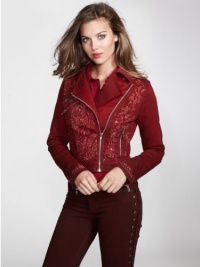 GUESS Women's Embellished Denim Biker Jacket GUESS Women's Embellished Denim Biker Jacket