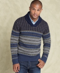 Pop some pattern into your fall layers with this iconic shawl collar sweater from Tommy Hilfiger. Pop some pattern into your fall layers with this iconic shawl collar sweater from Tommy Hilfiger.