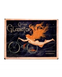 Get your wheels turning with this racy French ad-turned-sign for Cycles Gladiator. Making its debut during the late 19th century cycling craze, it'll still turn heads today in the powder room or master suite. Get your wheels turning with this racy French ad-turned-sign for Cycles Gladiator. Making its debut during the late 19th century cycling craze, it'll still turn heads today in the powder room or master suite.