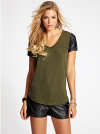 GUESS Women's Faux-Leather Contrast Tee, TRAVERTINE (LARGE) GUESS Women's Faux-Leather Contrast Tee, TRAVERTINE (LARGE)