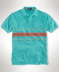 A classic-fitting short-sleeved polo is designed for a vintage look in soft cotton mesh and accented with an attractive multi-striped motif. A classic-fitting short-sleeved polo is designed for a vintage look in soft cotton mesh and accented with an attractive multi-striped motif.