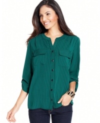 Chic stripes dress up this petite utility shirt from Elementz. Wear it with your favorite skinny jeans for a fashion-forward ensemble! Chic stripes dress up this petite utility shirt from Elementz. Wear it with your favorite skinny jeans for a fashion-forward ensemble!