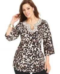 Get spotted this season with Alfani's three-quarter sleeve plus size top, accented by elegant embroidery. Get spotted this season with Alfani's three-quarter sleeve plus size top, accented by elegant embroidery.