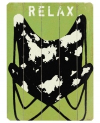 Sit back and relax. Lisa Weedn's sign depicting a cozy folding chair with a funky cow print sets the tone for casual settings in rustic birch wood. Sit back and relax. Lisa Weedn's sign depicting a cozy folding chair with a funky cow print sets the tone for casual settings in rustic birch wood.