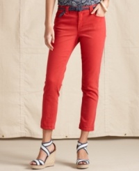 New American classic: Say bye-bye to basic blues for cropped jeans in a rich red wash, from Tommy Hilfiger. New American classic: Say bye-bye to basic blues for cropped jeans in a rich red wash, from Tommy Hilfiger.