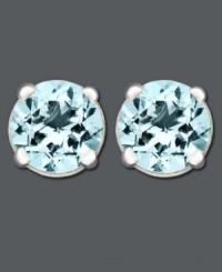 Elevate your look with chic studs in pale blue. Featuring a 14k white gold post setting, earrings feature round-cut aquamarine (3/4 ct. t.w.). Approximate diameter: 1/4 inch. Elevate your look with chic studs in pale blue. Featuring a 14k white gold post setting, earrings feature round-cut aquamarine (3/4 ct. t.w.). Approximate diameter: 1/4 inch.