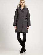 Featuring military-inspired buttons and natural coyote-fur trim, this parka with a fleece-lined hood is a must-have on a snowy trail or when strolling through the city. Attached hoodRibbed-knit cuffsHand-warmer pocketsSlim fitAbout 38 from shoulder to hemFully lined85% polyester/15% cottonFill: 625-fill power white-duck feathersDry cleanImportedFur origin: Canada Model shown is 5'11 (180cm) wearing US size Small. 