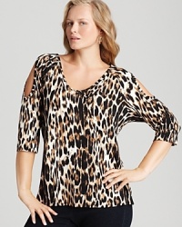 Loose-fitting and effortless, this Karen Kane Plus top flaunts a chic exotic print atop a cold-shoulder silhouette for modern elegance. Loose-fitting and effortless, this Karen Kane Plus top flaunts a chic exotic print atop a cold-shoulder silhouette for modern elegance.