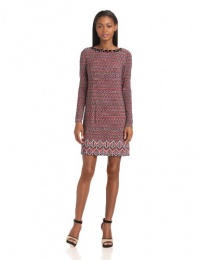 Vince Camuto Women's Long Sleeve Printed Boat Neck Dress With Neckline, Red, 8 Vince Camuto Women's Long Sleeve Printed Boat Neck Dress With Neckline, Red, 8