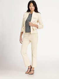 Structural and chic, embellished with gold-tone buttons and military-inspired details.Band collarEpaulettesZip frontFlap patch pocketsThree-quarter sleeves with button cuffsSelf beltAbout 23 from shoulder to hem93% cotton/6% nylon/1% spandexDry cleanImportedModel shown is 5'10 (177cm) wearing US size Small. Structural and chic, embellished with gold-tone buttons and military-inspired details.Band collarEpaulettesZip frontFlap patch pocketsThree-quarter sleeves with button cuffsSelf beltAbout 23 from shoulder to hem93% cotton/6% nylon/1% spandexDry cleanImportedModel shown is 5'10 (177cm) wearing US size Small.