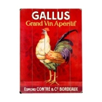 A charmer for country homes, the Gallus Grand Vin Aperitif sign features a glorious depiction of the rooster on a bold red ground. Crafted of wood with distressed detail for relaxed decor. A charmer for country homes, the Gallus Grand Vin Aperitif sign features a glorious depiction of the rooster on a bold red ground. Crafted of wood with distressed detail for relaxed decor.