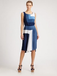 Crisp pleats and geometric colorblocking dress up this modern, flattering design.ScoopneckSleevelessCrinkled bodiceElastic waistPleated skirtLonger back hemRacerbackAbout 29 from natural waistPolyesterDry cleanImportedModel shown is 5'9 (175cm) wearing US size 4. Crisp pleats and geometric colorblocking dress up this modern, flattering design.ScoopneckSleevelessCrinkled bodiceElastic waistPleated skirtLonger back hemRacerbackAbout 29 from natural waistPolyesterDry cleanImportedModel shown is 5'9 (175cm) wearing US size 4.