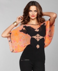 Kimono sleeves and a bold, colorful print create an artistic, inspired look on INC's ethereal top. Kimono sleeves and a bold, colorful print create an artistic, inspired look on INC's ethereal top.