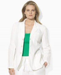 A tailored silhouette lends elegance to Lauren by Ralph Lauren's plus size three-button jacket, designed for season-spanning style in lightweight linen. A tailored silhouette lends elegance to Lauren by Ralph Lauren's plus size three-button jacket, designed for season-spanning style in lightweight linen.