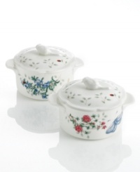 The whimsical butterflies and blooms of Butterfly Meadow dinnerware grace these mini casseroles, an irresistible way to serve piping-hot sides. With scalloped edges and figural birds in white porcelain. The whimsical butterflies and blooms of Butterfly Meadow dinnerware grace these mini casseroles, an irresistible way to serve piping-hot sides. With scalloped edges and figural birds in white porcelain.
