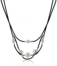 Majorica 8/10mm White Round Pearls on 3 Row Leather Necklace, 17 Majorica 8/10mm White Round Pearls on 3 Row Leather Necklace, 17