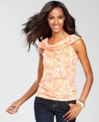 INC's petite top is extra charming with a gathered cowl neckline and a cheerful print.