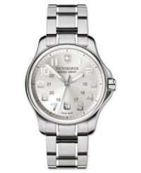 Stick to your guns with this top of the line watch by Victorinox Swiss Army. Stainless steel bracelet and round case. Silvertone dial with anti-reflective sapphire crystal, low battery indicator, screw-in case back, luminous hands, logo and date window. Swiss made. Swiss movement. Water resistant to 100 meters. Three-year limited warranty. Stick to your guns with this top of the line watch by Victorinox Swiss Army. Stainless steel bracelet and round case. Silvertone dial with anti-reflective sapphire crystal, low battery indicator, screw-in case back, luminous hands, logo and date window. Swiss made. Swiss movement. Water resistant to 100 meters. Three-year limited warranty.