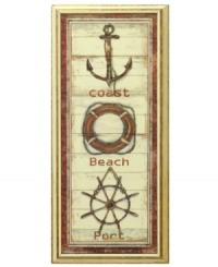 Stay close to the shore with this rustic wall art. Distressed wood and icons of the coast, beach and port steer your decor on a nautical course. Stay close to the shore with this rustic wall art. Distressed wood and icons of the coast, beach and port steer your decor on a nautical course.