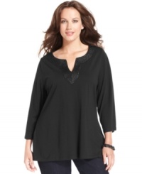 Get chic casual style with Charter Club's three-quarter-sleeve plus size tunic top, featuring an embellished neckline. Get chic casual style with Charter Club's three-quarter-sleeve plus size tunic top, featuring an embellished neckline.