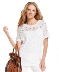 An open knit sweater from MICHAEL Michael Kors is the perfect layering piece for warm weather. Try it with a coordinating tank or pair it with bright colors for extra pop! An open knit sweater from MICHAEL Michael Kors is the perfect layering piece for warm weather. Try it with a coordinating tank or pair it with bright colors for extra pop!