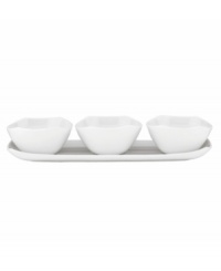 Feature modern elegance on your menu with the Classic Fjord dip bowls and tray from Dansk's collection of serveware and serving dishes. The set serves up glossy white porcelain in fluid shapes to keep tables looking totally fresh. Feature modern elegance on your menu with the Classic Fjord dip bowls and tray from Dansk's collection of serveware and serving dishes. The set serves up glossy white porcelain in fluid shapes to keep tables looking totally fresh.