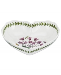 Lifelike blooms and Portmeirion's triple-leaf border grace this heart-shaped dish, a must-have for the Botanic Garden dinnerware collector. Lifelike blooms and Portmeirion's triple-leaf border grace this heart-shaped dish, a must-have for the Botanic Garden dinnerware collector.